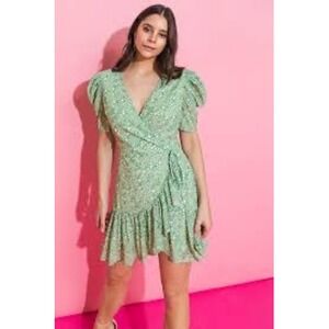 Lovecolette Green Floral Puff Sleeve Ruffle Mini Wrap Dress Women's Size L
